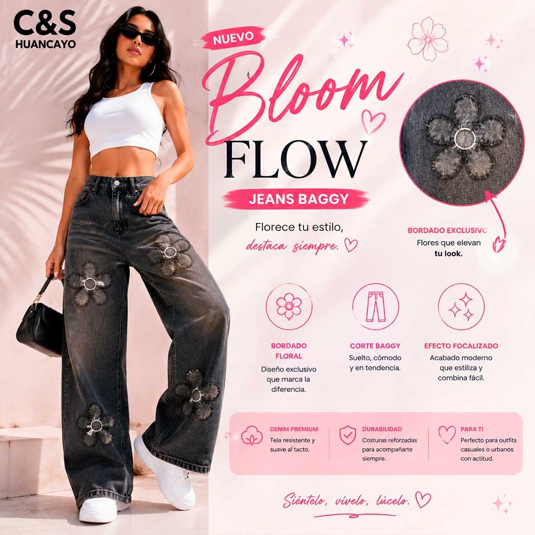 Pantalón Baggy Bloom Flow para Mujer – Jean Oversize con Bordado Floral