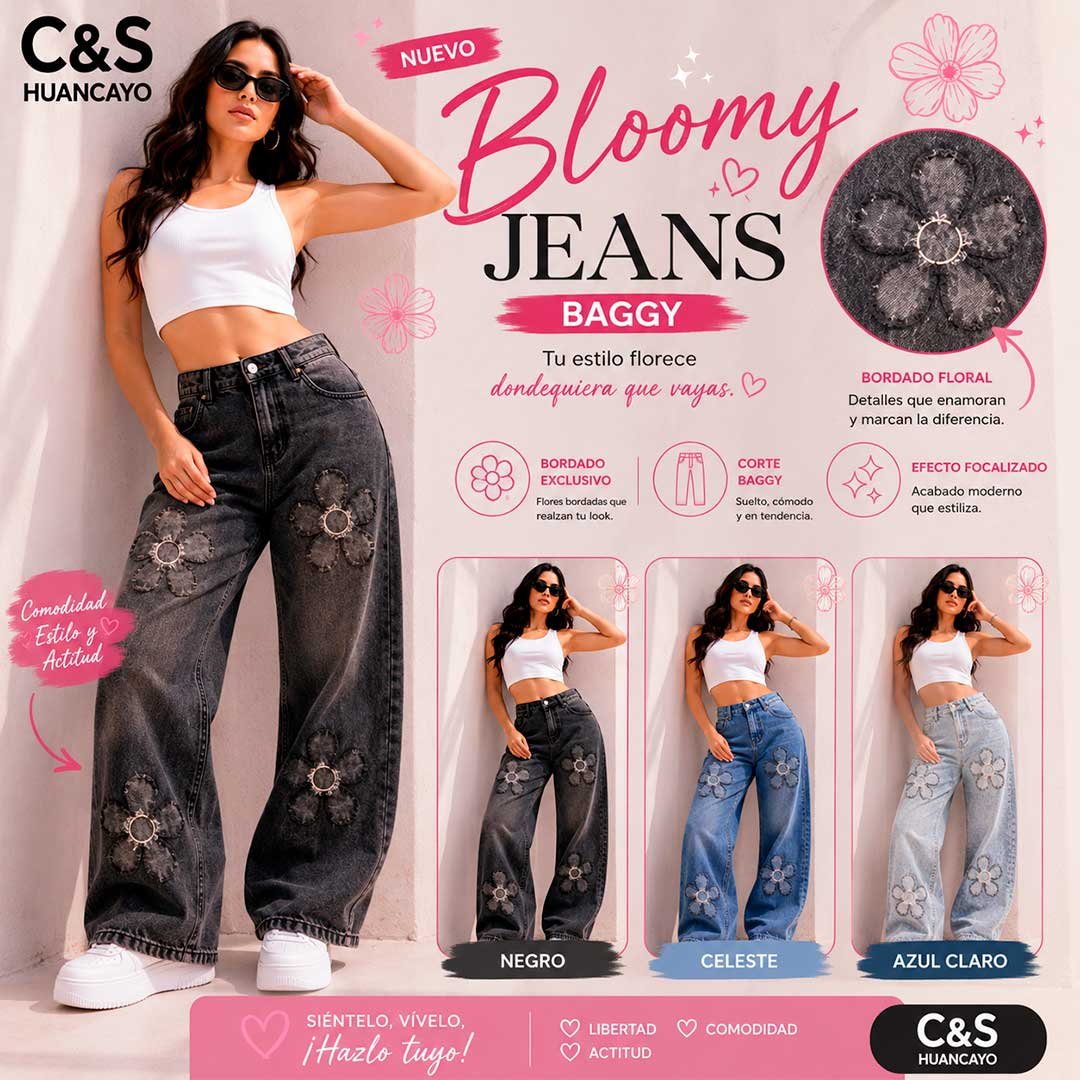 Pantalón Baggy Bloom Flow para Mujer – Jean Oversize con Bordado Floral - Imagen 2