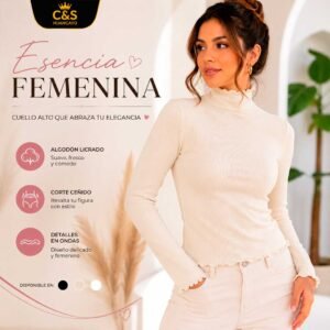 Cafarena Polo Esencia Femenina para Mujer de Algodón Licrado, Cuello Alto con Ondas, Manga Larga y Ajuste al Cuerpo