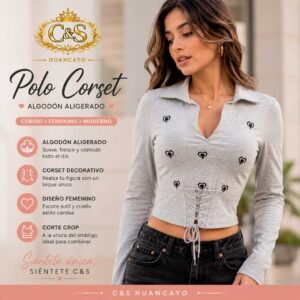 Polo Corset para Mujer de Algodón Aligerado, Manga Larga, Cuello Camisa con Escote y Corset Decorativo Crop