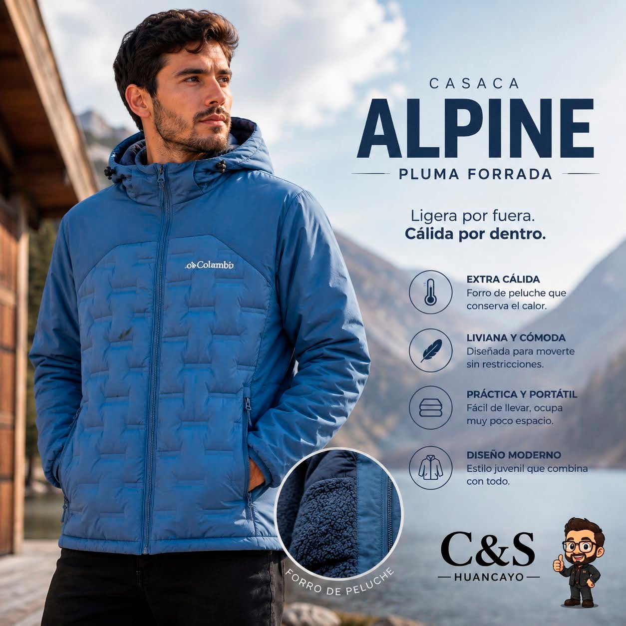 Casaca Alpine Pluma Forrada para Varón con Interior de Peluche y Capucha