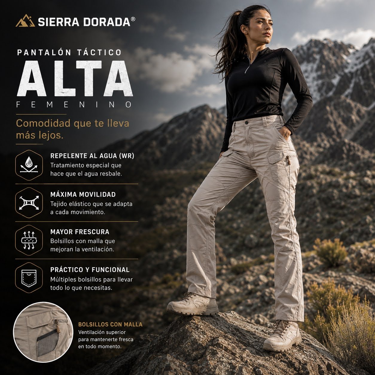Pantalón Táctico Sierra Dorada® Alta – Stretch Repelente al Agua para Mujer