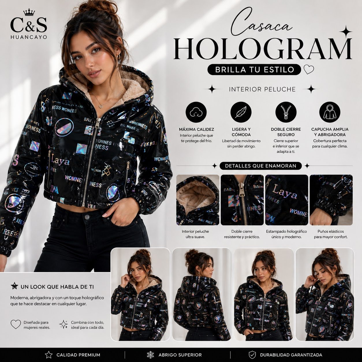 Casaca Hologram para Mujer con Interior de Peluche y Capucha