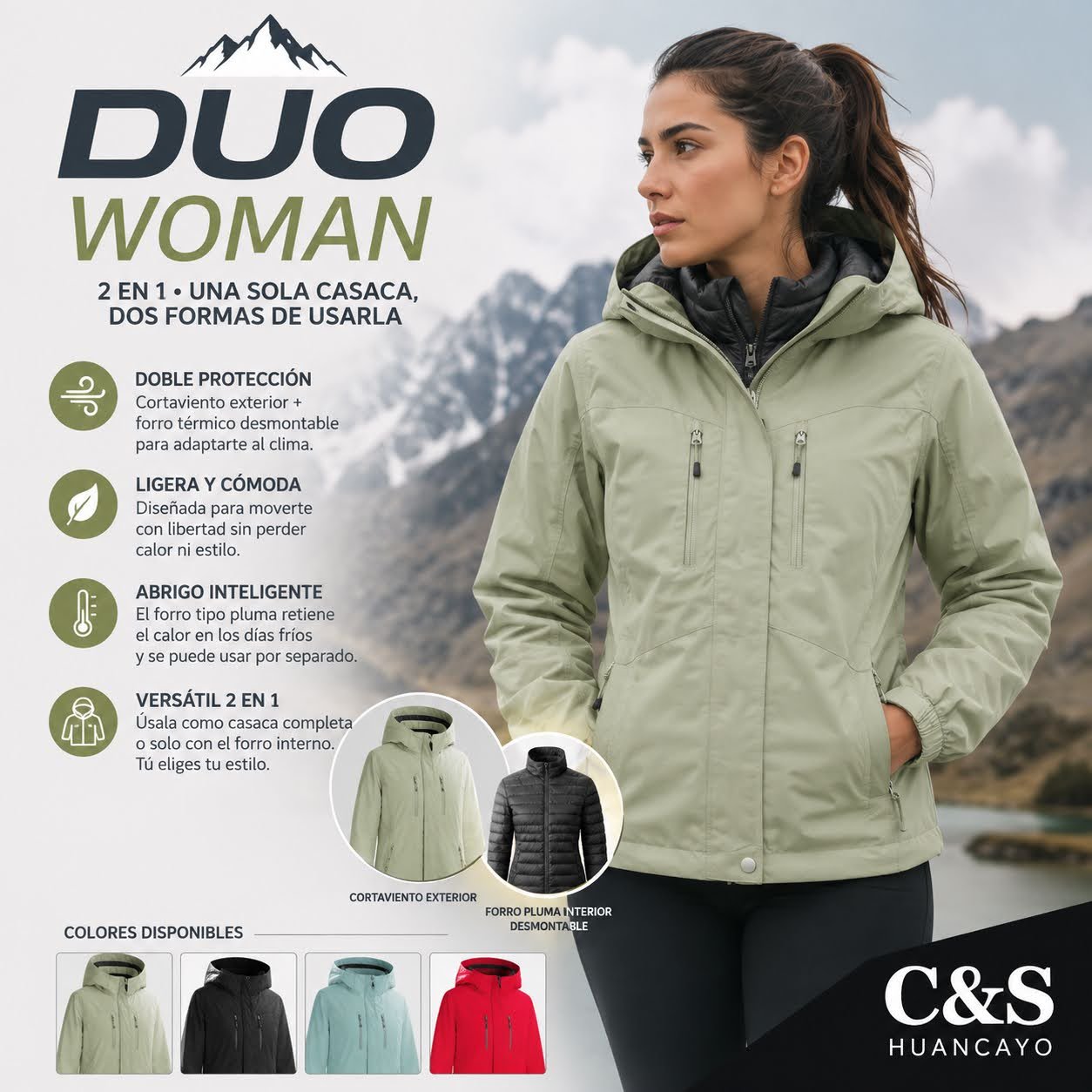 Casaca 2 en 1 Duo Woman para Mujer con Cortaviento y Forro Pluma Desmontable