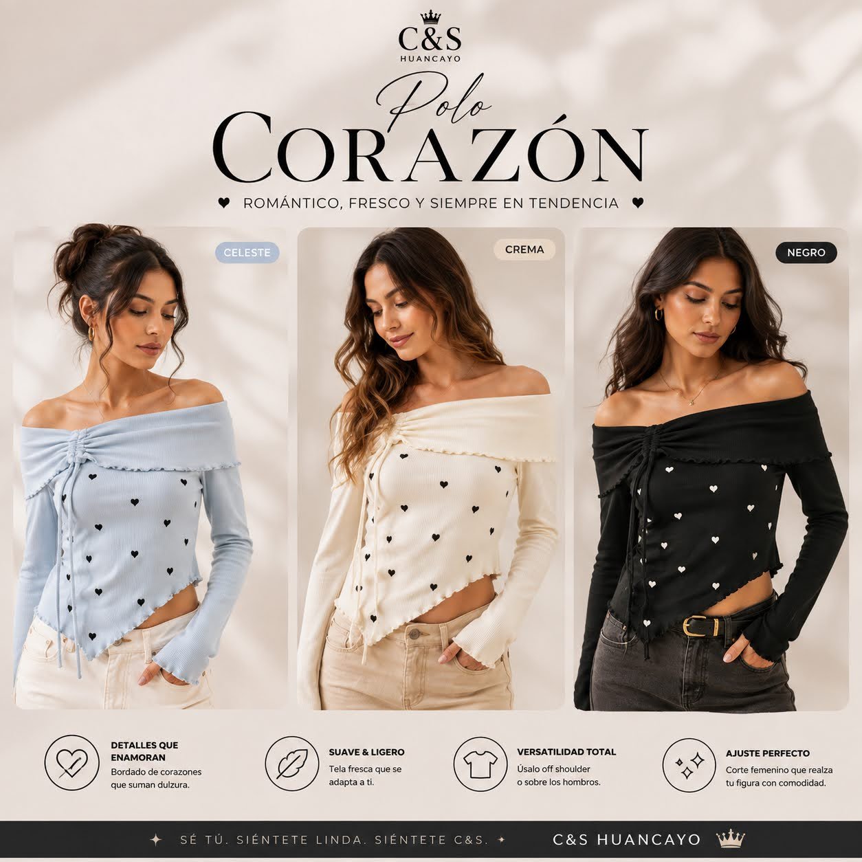 Polo Amour Off Shoulder para Mujer con Bordado de Corazones - Imagen 2