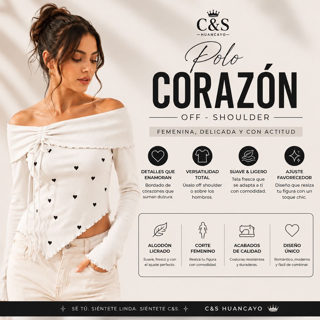 Polo Amour Off Shoulder para Mujer con Bordado de Corazones