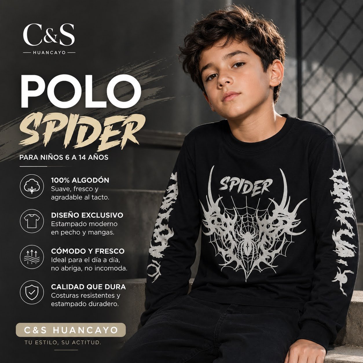 Polo Manga Larga Spider para Niño