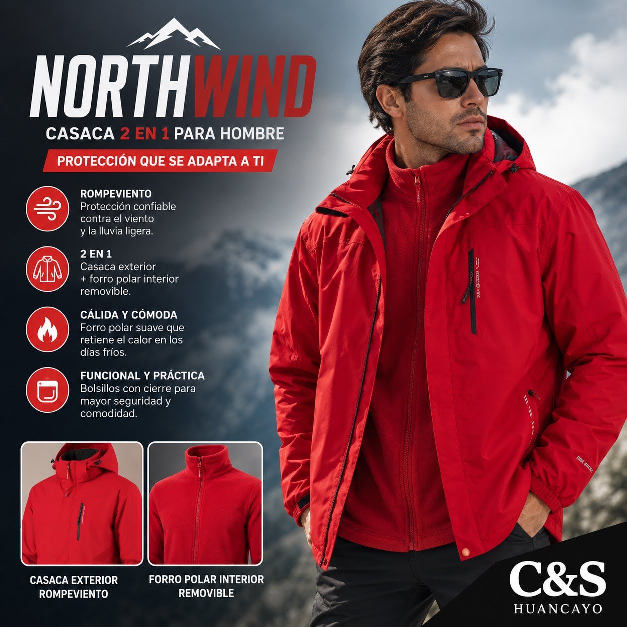 Casaca NorthWind 2 en 1 para Hombre con Forro Polar Removible
