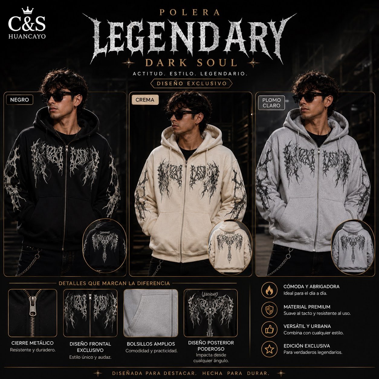 Polera con Capucha y Estampado Dark para Varón - Imagen 2