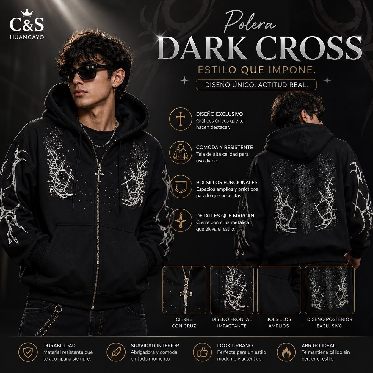 Polera Urbana con Capucha y Cierre para Varón Dark Cross