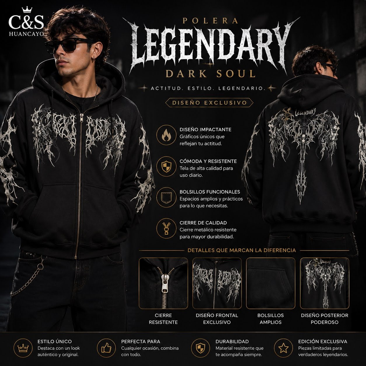 Polera con Capucha y Estampado Dark para Varón