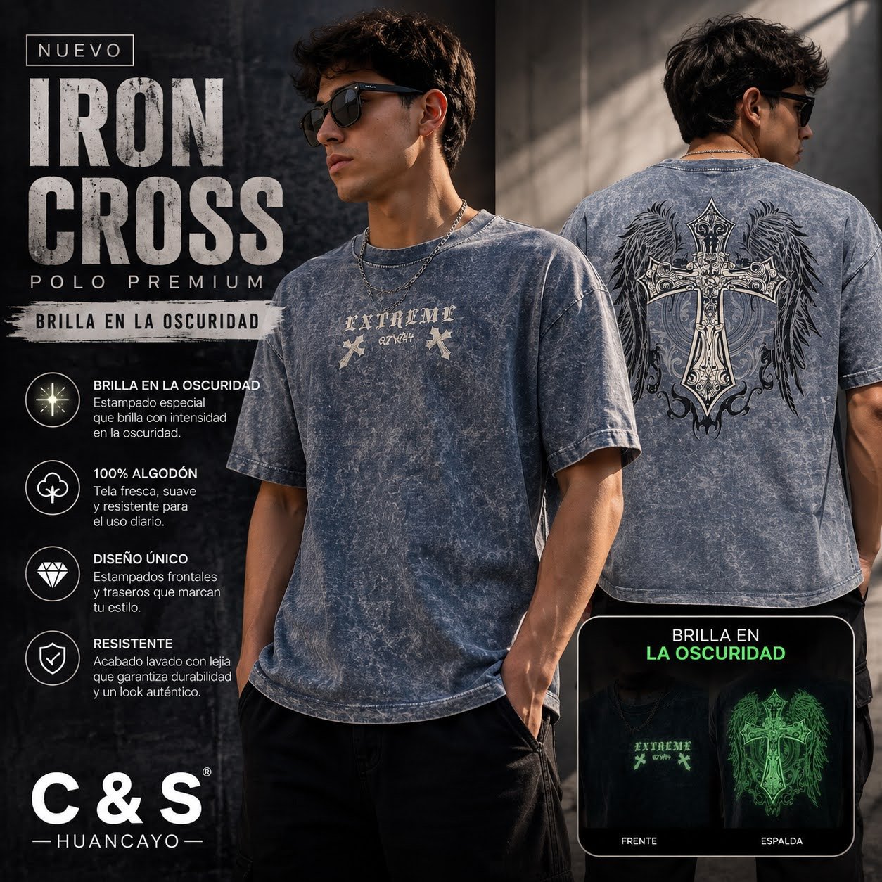 Polo Iron Cross para Hombre 100% Algodón con Estampado que Brilla en la Oscuridad