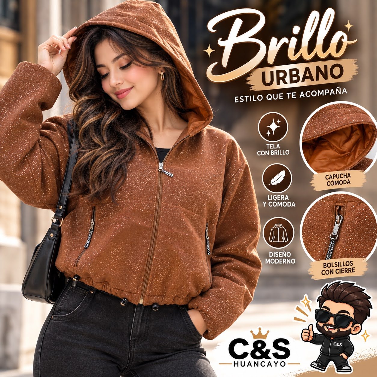 Casaca Brillo Urbano para Mujer con Capucha y Bolsillos con Cierre