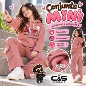 Conjunto Mini para Niña – Polera con Capucha y Pantalón Cargo de Franela