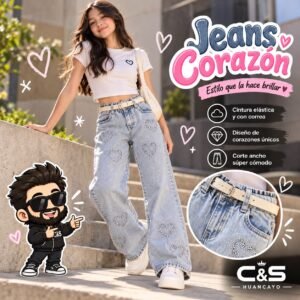 Pantalón Jean Corazón para Niña – Corte Ancho con Correa