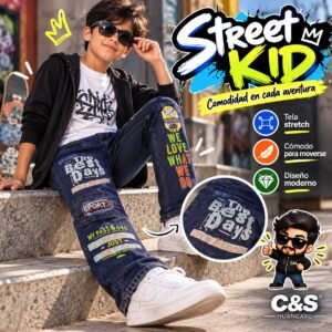 Pantalón Street Kid para Niño en Jean Stretch con Estampados